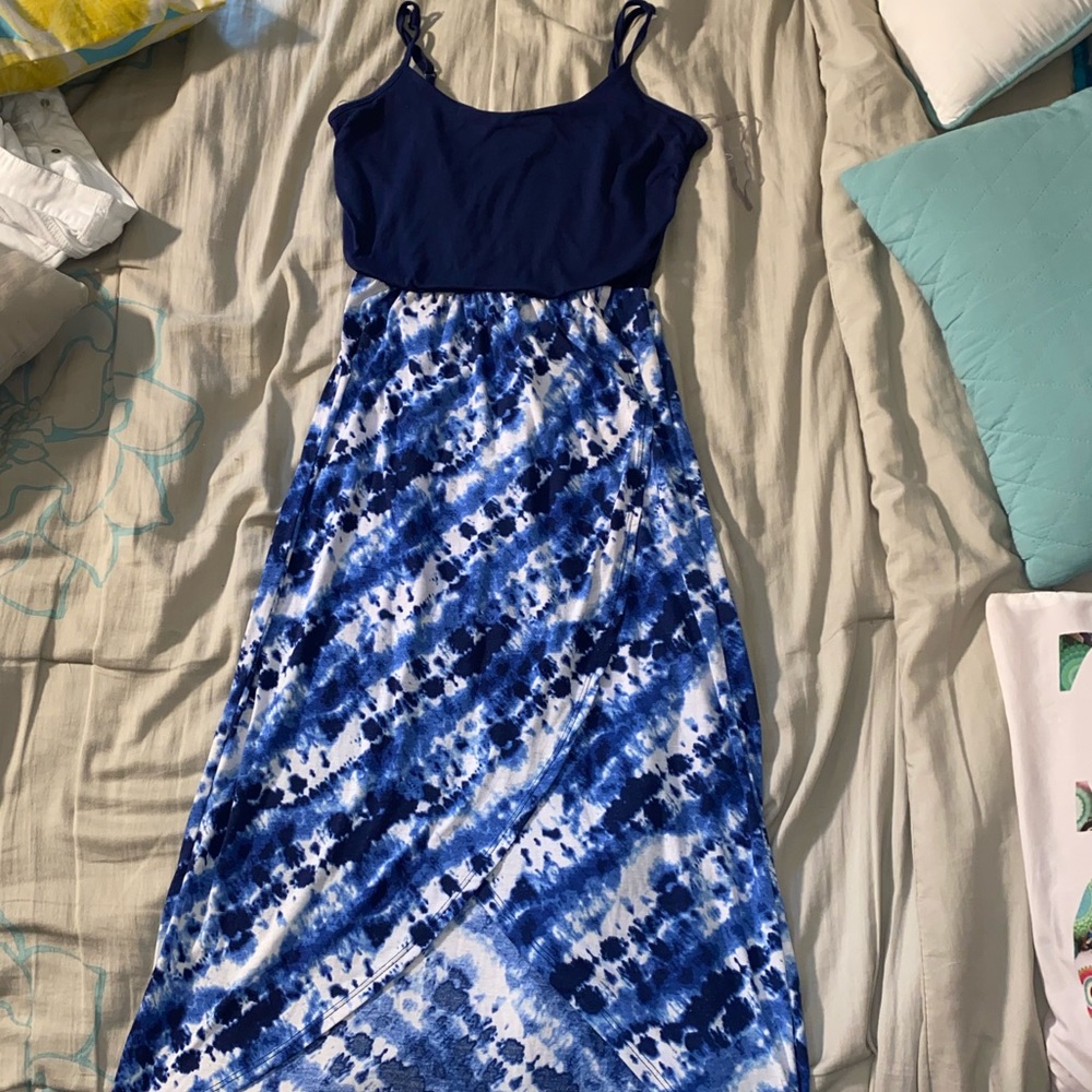 Tie dye blue and white maxi dress with slit